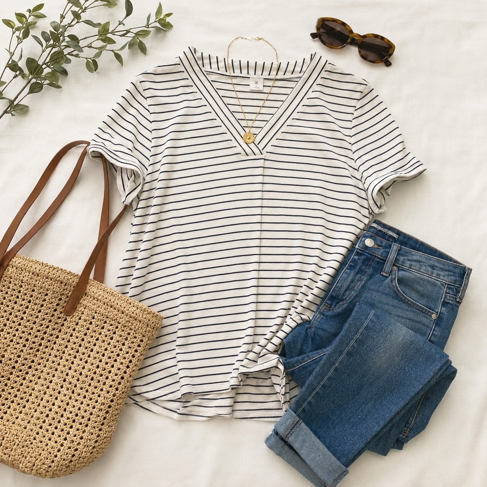 Old Navy Luxe Striped Crossover V-Neck Tee White Navy Blue XXL Short Sleeve